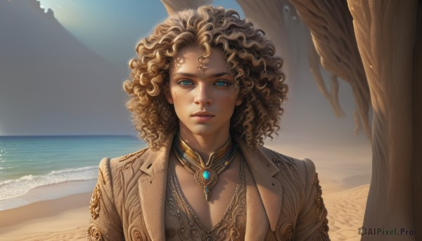 1girl,solo,long hair,breasts,looking at viewer,blue eyes,blonde hair,brown hair,cleavage,jewelry,jacket,upper body,outdoors,parted lips,choker,day,dark skin,water,necklace,dark-skinned female,tree,lips,eyelashes,ocean,watermark,wavy hair,beach,sunlight,pendant,curly hair,brown jacket,realistic,nose,sand,very dark skin,desert,medium breasts,sky