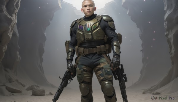 solo,gloves,1boy,holding,standing,weapon,male focus,black gloves,belt,pants,fingerless gloves,holding weapon,armor,uniform,gun,military,military uniform,feet out of frame,shoulder armor,holding gun,rifle,science fiction,realistic,assault rifle,bald,knee pads,camouflage,bulletproof vest,body armor,1girl,looking at viewer,jewelry,earrings,boots,outdoors,bag,vest,backpack,scenery,pouch,rock