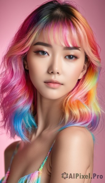 1girl,solo,long hair,breasts,looking at viewer,bangs,blue eyes,simple background,cleavage,bare shoulders,jewelry,closed mouth,blue hair,collarbone,swimsuit,upper body,pink hair,bikini,multicolored hair,small breasts,bra,black eyes,two-tone hair,lips,gradient,gradient background,eyelashes,gradient hair,makeup,watermark,pink background,web address,multicolored clothes,pink lips,realistic,nose,rainbow gradient,rainbow hair,multicolored stripes,medium breasts,earrings,medium hair,orange hair,portrait,bikini top only,multicolored bikini