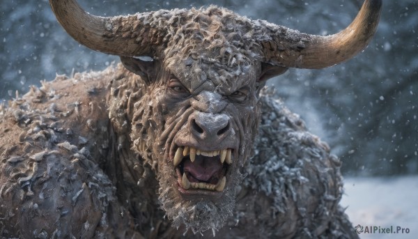 solo,looking at viewer,open mouth,blue eyes,1boy,upper body,male focus,outdoors,horns,teeth,blurry,no humans,fangs,snow,monster,snowing,realistic,white eyes,tusks,grey eyes,blurry background,helmet,sharp teeth,portrait,fake horns,horned helmet