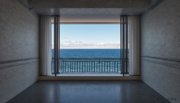 outdoors,sky,day,cloud,indoors,water,blue sky,no humans,window,shadow,ocean,scenery,door,railing,horizon,balcony,cloudy sky,curtains,reflection,wooden floor,floor,hallway,reflective floor