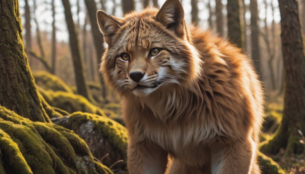 solo,looking at viewer,brown eyes,closed mouth,outdoors,day,blurry,tree,no humans,depth of field,blurry background,animal,nature,forest,realistic,animal focus,signature,sunlight,cat,whiskers