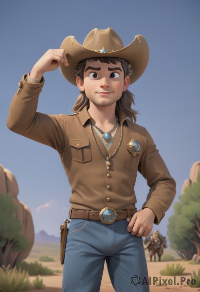 long hair,looking at viewer,smile,brown hair,shirt,long sleeves,1boy,hat,brown eyes,jewelry,closed mouth,standing,jacket,weapon,male focus,cowboy shot,outdoors,multiple boys,sky,solo focus,day,collared shirt,belt,pants,artist name,medium hair,necklace,blurry,tree,blue sky,lips,hand on hip,gun,buttons,blurry background,facial hair,thick eyebrows,denim,beard,handgun,pocket,jeans,belt buckle,brown headwear,blue pants,brown belt,breast pocket,holster,brown shirt,horse,cowboy hat,cowboy western,leather belt,solo,short hair,muscular,pectorals,muscular male,bara,brown jacket,sideburns,rock,mature male,stubble,leather,leather jacket,horseback riding,holstered weapon