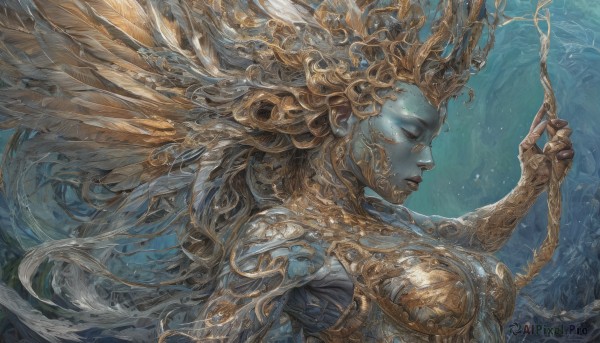 1girl,solo,long hair,breasts,large breasts,holding,closed eyes,upper body,parted lips,armor,from side,lips,fingernails,eyelashes,profile,colored skin,feathers,underwater,blue skin,medium breasts,closed mouth,wings,hand up,floating hair,glowing,blue background,half-closed eyes,crown,realistic,fantasy,grey skin,gold armor