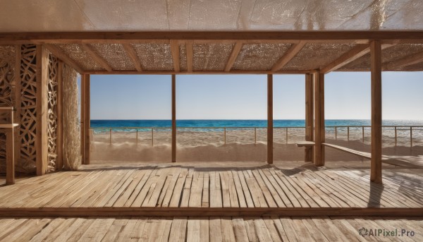 outdoors,sky,day,cloud,indoors,water,tree,blue sky,no humans,window,shadow,ocean,beach,scenery,wooden floor,sand,horizon,shore,wood