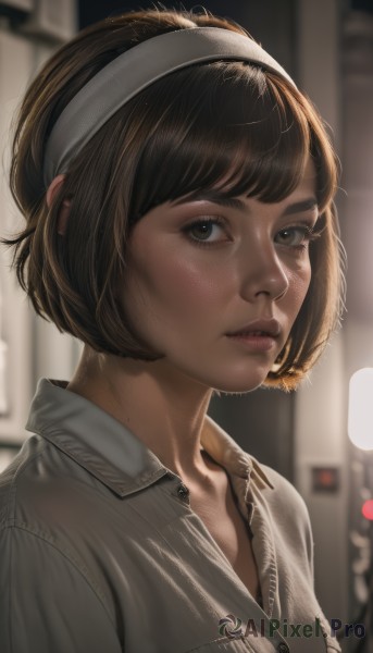 1girl,solo,looking at viewer,short hair,bangs,brown hair,shirt,brown eyes,white shirt,upper body,hairband,parted lips,collared shirt,artist name,indoors,mole,blurry,lips,eyelashes,buttons,depth of field,blurry background,bob cut,grey shirt,freckles,white hairband,realistic,nose,black hair,outdoors,teeth,portrait,backlighting