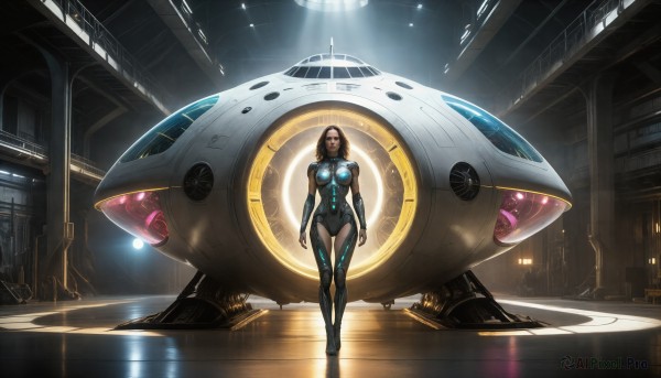 HQ,1girl,solo,breasts,looking at viewer,short hair,brown hair,black hair,medium breasts,standing,full body,indoors,lips,bodysuit,glowing,helmet,robot,skin tight,floating,reflection,walking,science fiction,realistic,arms at sides,black bodysuit,pilot suit,neon trim,spacecraft,ceiling,hallway,spacesuit,lights,brown eyes,building,scenery,mecha,lens flare,light rays,light,joints,wide shot,robot joints,cyberpunk,reflective floor,hologram