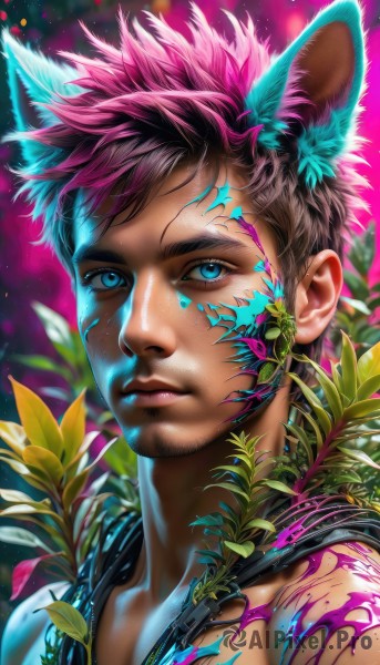 solo,looking at viewer,short hair,bangs,blue eyes,brown hair,1boy,animal ears,bare shoulders,closed mouth,upper body,pink hair,male focus,multicolored hair,artist name,cat ears,blurry,lips,eyelashes,tattoo,blurry background,facial hair,leaf,facial mark,wolf ears,tank top,plant,spiked hair,portrait,beard,kemonomimi mode,realistic,nose,stubble,black tank top,cat boy,paint splatter,blood,light particles,extra ears,close-up