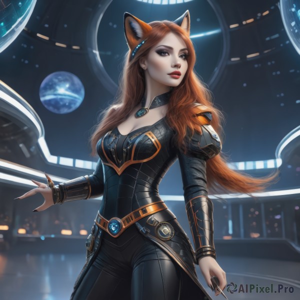 1girl,solo,long hair,breasts,looking at viewer,brown hair,long sleeves,animal ears,cleavage,brown eyes,jewelry,medium breasts,standing,cowboy shot,parted lips,belt,pants,artist name,cat ears,necklace,nail polish,orange hair,armor,lips,fingernails,fox ears,bodysuit,makeup,black pants,lipstick,gem,black nails,sharp fingernails,red lips,space,planet,hair ornament,red hair,earrings,choker,fox girl,realistic,wand