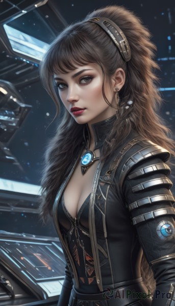 1girl,solo,long hair,breasts,looking at viewer,bangs,brown hair,hair ornament,long sleeves,cleavage,brown eyes,jewelry,medium breasts,jacket,upper body,ponytail,earrings,small breasts,parted lips,open clothes,belt,necklace,lips,black jacket,grey eyes,fur trim,eyelashes,makeup,lipstick,science fiction,realistic,nose,red lips,eyeliner,leather,armor,bodysuit,headgear