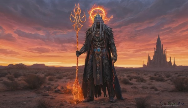 solo,long hair,gloves,1boy,holding,standing,full body,weapon,white hair,grey hair,male focus,boots,outdoors,sky,artist name,cloud,signature,cape,holding weapon,armor,fur trim,glowing,helmet,fire,crown,polearm,staff,gauntlets,glowing eyes,breastplate,holding staff,castle,molten rock,belt,facial hair,halo,cloudy sky,shoulder armor,scenery,beard,sunset,fantasy,orange sky