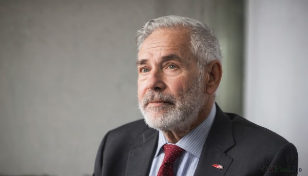 solo,looking at viewer,short hair,shirt,1boy,closed mouth,jacket,white shirt,upper body,white hair,grey hair,male focus,necktie,striped,collared shirt,indoors,blurry,black jacket,blurry background,facial hair,formal,suit,red necktie,portrait,beard,meme,striped shirt,realistic,mustache,manly,old,old man,wrinkled skin,grey eyes,depth of field,expressionless,wing collar,striped necktie,pinstripe pattern,black suit,pinstripe suit