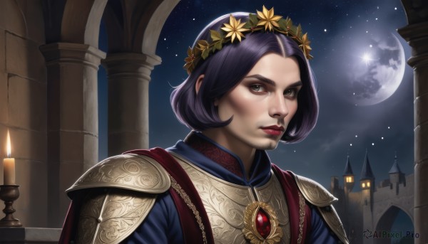 1girl,solo,looking at viewer,short hair,black hair,hair ornament,brown eyes,jewelry,closed mouth,upper body,purple hair,flower,outdoors,sky,hair flower,armor,lips,makeup,night,moon,lipstick,brooch,shoulder armor,gem,portrait,star (sky),night sky,full moon,starry sky,pauldrons,realistic,nose,red lips,candle,head wreath,pillar,castle,cape,official alternate costume,laurel crown,wreath