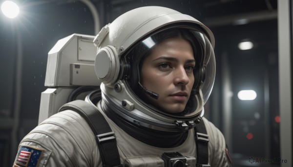 1girl,solo,looking at viewer,black hair,1boy,brown eyes,closed mouth,upper body,male focus,dark skin,blurry,black eyes,lips,blurry background,backpack,helmet,portrait,reflection,science fiction,realistic,space,american flag,spacesuit,space helmet,astronaut,brown hair,indoors,looking away,serious,pilot suit,looking afar,dirty,looking ahead,japanese flag,united states