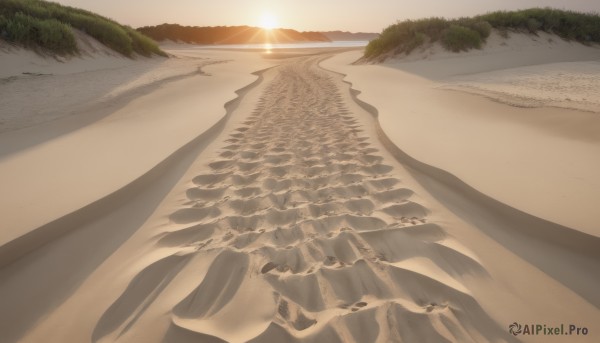 outdoors,sky,day,water,tree,no humans,shadow,ocean,beach,sunlight,grass,scenery,sunset,mountain,sand,sun,horizon,road,landscape,shore,path,desert,cloud,plant,nature