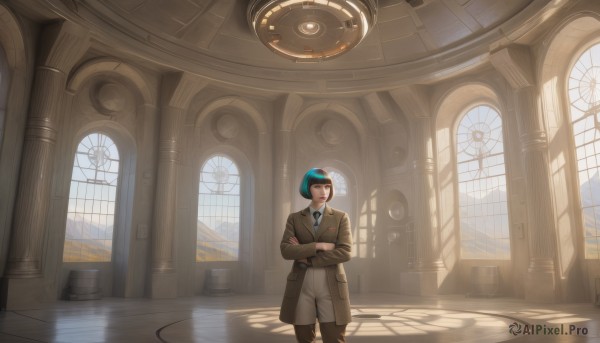 1girl,solo,looking at viewer,short hair,shirt,black hair,long sleeves,1boy,closed mouth,standing,jacket,white shirt,male focus,open clothes,necktie,day,collared shirt,belt,pants,indoors,coat,window,headband,shadow,formal,crossed arms,sunlight,goggles,scenery,black necktie,open coat,brown jacket,blue necktie,clock,grey pants,brown pants,brown coat,pillar,church,bangs,blue hair,multicolored hair,green hair,blunt bangs,uniform,aqua hair,looking away,bob cut,reflection,black belt,wide shot