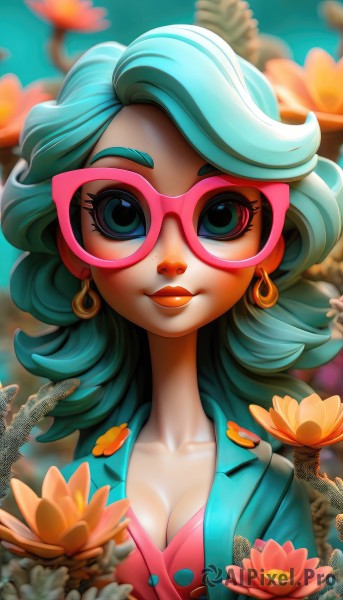 1girl,solo,long hair,breasts,looking at viewer,smile,blue eyes,shirt,cleavage,jewelry,medium breasts,closed mouth,green eyes,blue hair,collarbone,jacket,upper body,flower,earrings,glasses,artist name,blurry,aqua eyes,lips,eyelashes,aqua hair,makeup,depth of field,blurry background,watermark,lipstick,eyeshadow,red lips,pink-framed eyewear,green hair,mask,web address,domino mask