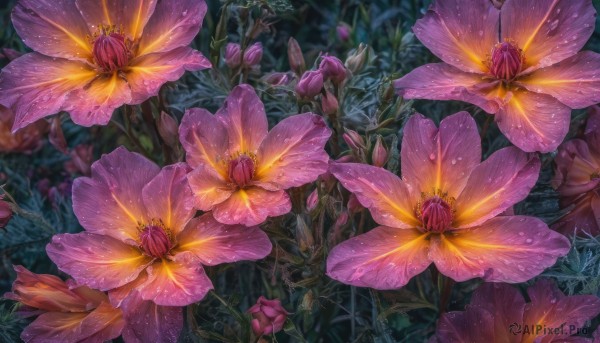 flower, outdoors, blurry, no humans, depth of field, leaf, plant, nature, scenery, pink flower, water drop, realistic, purple flower, still life