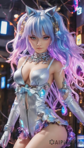 1girl,solo,long hair,breasts,looking at viewer,smile,bangs,blue eyes,hair ornament,gloves,animal ears,cleavage,bare shoulders,twintails,jewelry,medium breasts,blue hair,pink hair,purple hair,thighs,multicolored hair,cowboy shot,hairband,frills,parted lips,elbow gloves,shiny,cat ears,white gloves,blurry,two-tone hair,leotard,lips,gradient hair,blurry background,fake animal ears,headgear,white leotard,standing,grey eyes,headphones,zipper,science fiction,realistic,animal ear headphones,cat ear headphones