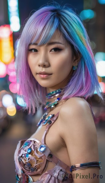 1girl,solo,breasts,looking at viewer,smile,short hair,bangs,bare shoulders,brown eyes,jewelry,medium breasts,closed mouth,blue hair,upper body,pink hair,purple hair,multicolored hair,earrings,small breasts,choker,medium hair,necklace,blurry,two-tone hair,lips,underboob,depth of field,blurry background,armlet,realistic,nose,bra,armor,from side,sideboob,science fiction,bokeh,cyberpunk