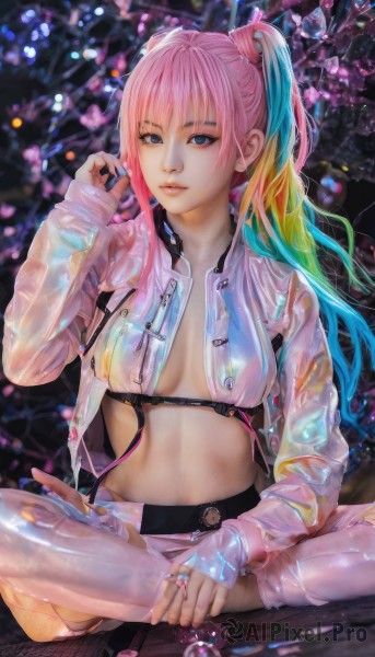 1girl,solo,long hair,breasts,looking at viewer,bangs,blue eyes,thighhighs,long sleeves,navel,twintails,jewelry,medium breasts,sitting,underwear,blue hair,jacket,pink hair,multicolored hair,parted lips,open clothes,shorts,midriff,shiny,belt,hand up,stomach,nail polish,blurry,two-tone hair,white thighhighs,open jacket,lips,fingernails,see-through,sleeves past wrists,aqua hair,gradient hair,blurry background,ring,breasts apart,zipper,cropped jacket,realistic,indian style,pink thighhighs,blonde hair,shoes,pants,wet,wet clothes,cable,earphones,rainbow hair