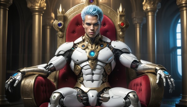 HQ,solo,looking at viewer,blue eyes,1boy,sitting,blue hair,white hair,male focus,indoors,armor,chair,science fiction,realistic,android,joints,mechanical arms,cyborg,robot joints,throne,short hair,dark skin,spread legs,window,serious,mechanical parts