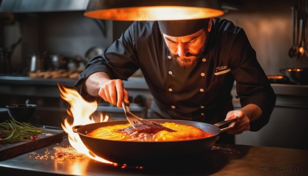 solo,long sleeves,1boy,hat,holding,closed mouth,jacket,closed eyes,upper body,male focus,food,indoors,blurry,uniform,military,military uniform,buttons,blurry background,facial hair,fire,knife,beard,bowl,double-breasted,cooking,kitchen,frying pan,short hair,black hair,apron,realistic,spoon,mustache,old man,holding spoon,chef hat,chef