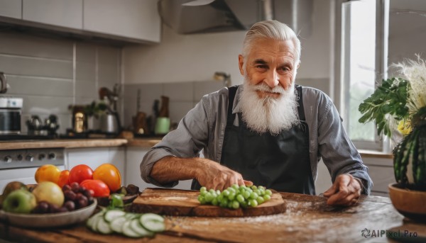 solo,smile,shirt,long sleeves,1boy,closed mouth,closed eyes,upper body,white hair,male focus,food,day,indoors,blurry,apron,black shirt,window,fruit,depth of field,blurry background,facial hair,scar,knife,plant,facing viewer,beard,sleeves rolled up,realistic,mustache,apple,basket,potted plant,old,old man,cooking,grapes,orange (fruit),kitchen,banana,vegetable,arm hair,black apron,counter,wrinkled skin,cutting board,onion,pineapple,looking at viewer,grey hair,bottle,blue shirt,scar on face,blurry foreground,sleeves pushed up,lemon,eggplant,potato,radish