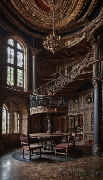 day,indoors,cup,book,no humans,window,chair,table,sunlight,scenery,light rays,wooden floor,stairs,clock,bookshelf,candle,architecture,pillar,statue,carpet,church,arch,candlestand,chandelier,column,plant,fantasy,painting (object)