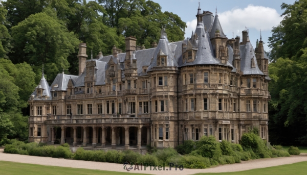 outdoors,sky,day,cloud,tree,blue sky,no humans,window,cloudy sky,grass,building,nature,scenery,forest,road,bush,house,castle,tower,path,fantasy