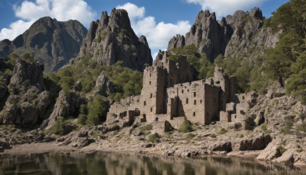 outdoors,sky,day,cloud,water,tree,blue sky,no humans,cloudy sky,building,nature,scenery,forest,rock,mountain,ruins,castle,landscape,cliff,reflection