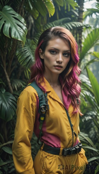 1girl,solo,long hair,breasts,looking at viewer,blue eyes,brown hair,shirt,hair ornament,long sleeves,closed mouth,standing,pink hair,multicolored hair,cowboy shot,outdoors,parted lips,hairclip,belt,pants,blurry,black eyes,two-tone hair,lips,makeup,leaf,suspenders,plant,nature,buckle,freckles,pocket,yellow shirt,realistic,nose,hands in pockets,overalls,jumpsuit,red hair,tree,forest,curly hair,dirty