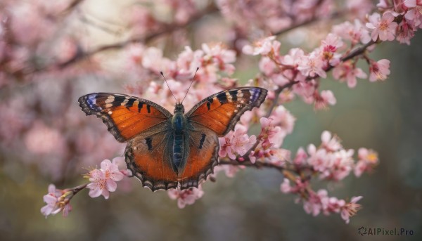 flower, outdoors, wings, day, blurry, tree, no humans, depth of field, blurry background, animal, from above, bug, cherry blossoms, butterfly, scenery, branch