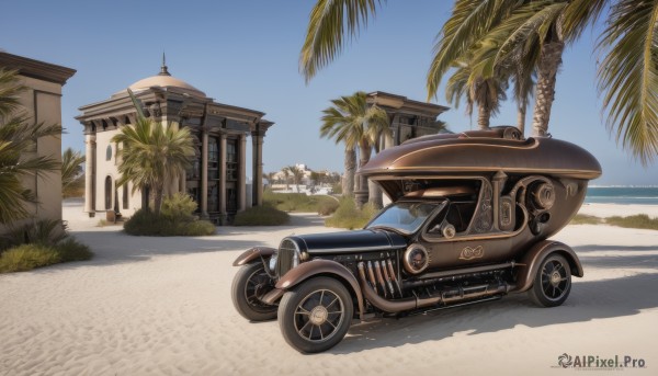 outdoors,sky,day,artist name,tree,blue sky,no humans,window,shadow,ocean,watermark,beach,ground vehicle,building,scenery,motor vehicle,sand,palm tree,car,vehicle focus,wheel,truck,tire,water,road,bush