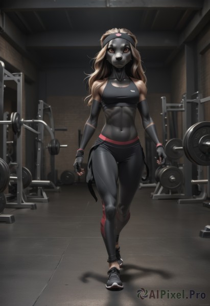 1girl,solo,long hair,breasts,looking at viewer,blonde hair,brown hair,red eyes,gloves,navel,bare shoulders,brown eyes,medium breasts,standing,collarbone,full body,shoes,black gloves,elbow gloves,midriff,pants,artist name,indoors,dark skin,fingerless gloves,mask,muscular,shadow,abs,sneakers,sports bra,muscular female,tight,exercise,gym,dumbbell,animal ears,jewelry,heart,small breasts,necklace,orange eyes,headband,colored skin,black pants,piercing,dog ears,furry,walking,sportswear,furry female,facepaint,leggings,grey skin,black skin,spandex,yoga pants,black sports bra,nose piercing,lip piercing