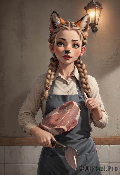 1girl,solo,long hair,looking at viewer,blush,blonde hair,brown hair,shirt,long sleeves,holding,animal ears,jewelry,green eyes,standing,white shirt,braid,cowboy shot,earrings,parted lips,food,teeth,collared shirt,artist name,indoors,cat ears,apron,twin braids,lips,animal ear fluff,makeup,buttons,hair over shoulder,forehead,freckles,red lips,stud earrings,overalls,meat,boned meat,smile,tongue,fox ears,fake animal ears,thick eyebrows,holding food,knife,extra ears,realistic,nose,wall,mascara,black apron