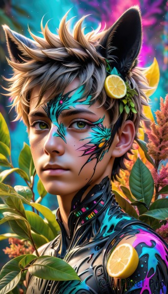 solo,looking at viewer,short hair,bangs,brown hair,black hair,hair ornament,1boy,animal ears,closed mouth,green eyes,yellow eyes,upper body,flower,male focus,outdoors,food,cat ears,signature,blurry,lips,tattoo,fruit,blurry background,leaf,expressionless,plant,portrait,extra ears,freckles,science fiction,realistic,nose,cyborg,lemon,cyberpunk,lemon slice,brown eyes,multicolored hair,artist name,armor,two-tone hair,watermark,spiked hair,dog ears,web address,food-themed hair ornament,facepaint,leaf hair ornament,orange (fruit),paint splatter,orange slice