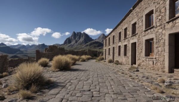 outdoors,sky,day,cloud,tree,blue sky,no humans,window,cloudy sky,grass,building,scenery,mountain,fence,door,road,wall,house,path,rock,landscape