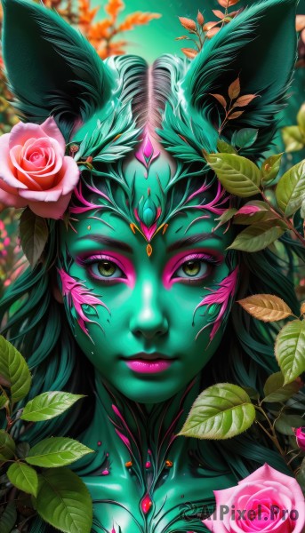 1girl,solo,long hair,looking at viewer,hair ornament,animal ears,jewelry,closed mouth,green eyes,yellow eyes,flower,green hair,horns,artist name,hair flower,blurry,lips,fox ears,eyelashes,makeup,blurry background,rose,colored skin,leaf,facial mark,plant,lipstick,monster girl,red flower,portrait,pink flower,eyeshadow,red rose,nose,eyeliner,green skin,pink rose,mascara,plant girl,rabbit ears,forehead jewel