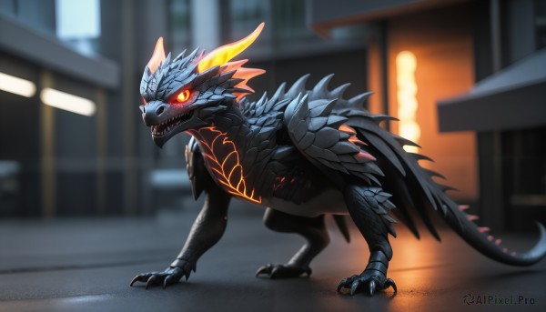 HQ,solo,looking at viewer,open mouth,red eyes,standing,tail,full body,outdoors,wings,horns,teeth,blurry,orange eyes,pokemon (creature),no humans,blurry background,glowing,sharp teeth,glowing eyes,claws,spikes,colored sclera,monster,dragon,scales,street,kaijuu,night,city