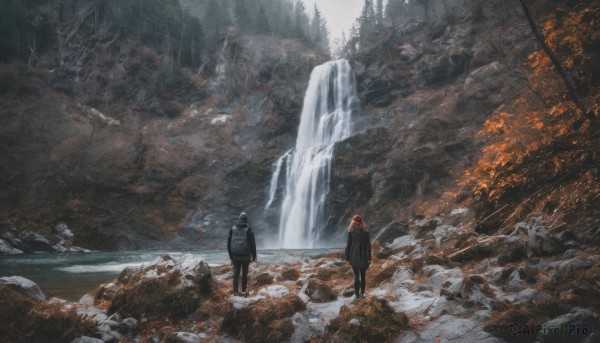 1boy, standing, red hair, outdoors, multiple boys, water, bag, from behind, tree, backpack, nature, scenery, forest, rock, realistic, waterfall