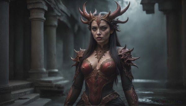 HQ,1girl,solo,long hair,breasts,looking at viewer,large breasts,black hair,long sleeves,dress,cleavage,medium breasts,closed mouth,upper body,outdoors,horns,armor,blurry,lips,makeup,blurry background,lipstick,shoulder armor,pauldrons,red lips,pillar,black lips,column,brown hair,brown eyes,parted lips,teeth,scar,realistic,fake horns