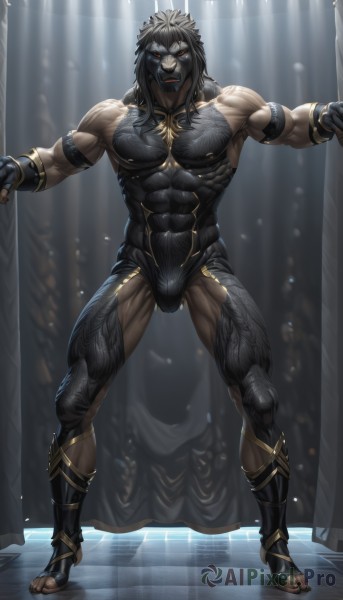 solo,long hair,looking at viewer,black hair,gloves,1boy,bare shoulders,jewelry,nipples,standing,full body,yellow eyes,male focus,thighs,dark skin,fingerless gloves,bodysuit,mask,muscular,facial hair,thick thighs,piercing,abs,dark-skinned male,outstretched arms,pectorals,muscular male,bara,glowing eyes,beard,large pectorals,bulge,mature male,spread arms,nipple piercing,manly,biceps,wrestling outfit,thick arms,open mouth,red eyes,navel,teeth,armband,chest hair,black skin