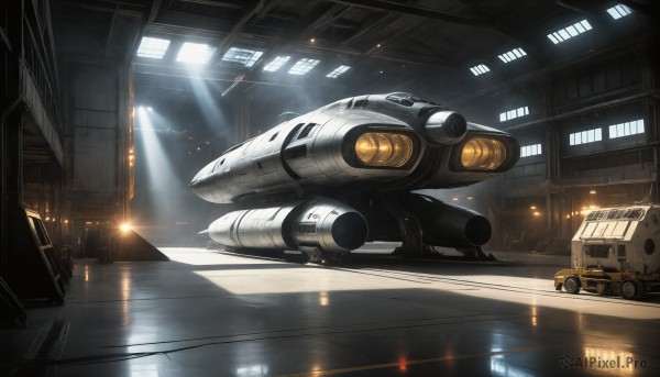 HQ,indoors,military,no humans,window,sunlight,robot,ground vehicle,building,scenery,motor vehicle,reflection,science fiction,light rays,realistic,aircraft,military vehicle,light,sunbeam,vehicle focus,spacecraft,hallway,lights,signature,mecha,space