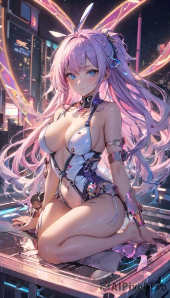 1girl,solo,long hair,breasts,looking at viewer,blush,bangs,blue eyes,large breasts,hair ornament,navel,animal ears,cleavage,bare shoulders,medium breasts,sitting,very long hair,closed mouth,pink hair,purple hair,thighs,sky,barefoot,stomach,rabbit ears,collar,leotard,wrist cuffs,bare legs,kneeling,detached collar,night,fake animal ears,one side up,playboy bunny,building,revealing clothes,seiza,white leotard,center opening,cityscape,arm strap,collarbone,full body,armlet,science fiction,android,barcode,mechanical parts