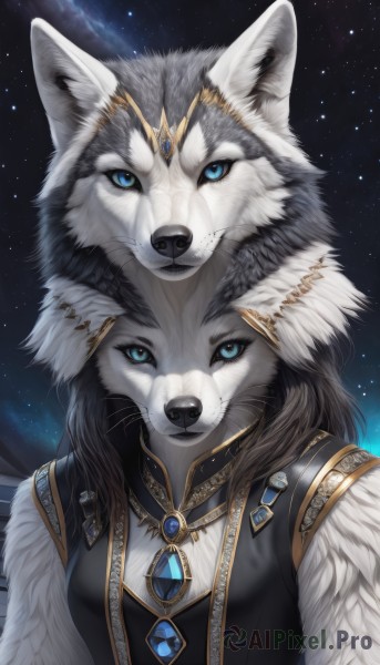 1girl,solo,long hair,breasts,looking at viewer,blue eyes,animal ears,jewelry,closed mouth,upper body,small breasts,sky,necklace,night,animal,wolf ears,brooch,gem,star (sky),night sky,furry,starry sky,colored sclera,furry female,white fur,wolf,snout,blue gemstone,pendant