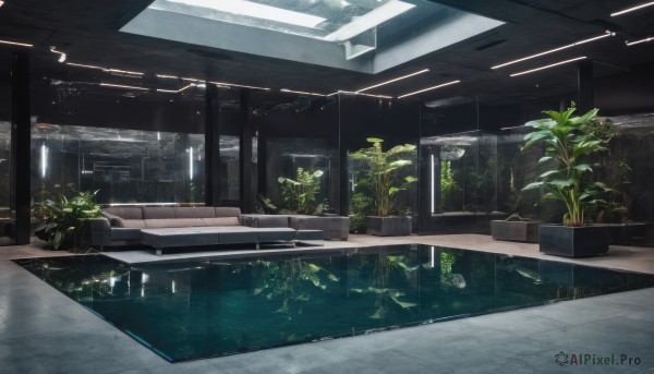 indoors,water,tree,no humans,window,sunlight,plant,scenery,reflection,fish,potted plant,ceiling light,building,tiles,pool,tile floor