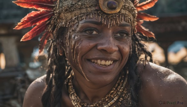 1girl,solo,long hair,looking at viewer,smile,black hair,hair ornament,1boy,brown eyes,jewelry,upper body,braid,teeth,solo focus,dark skin,necklace,mole,grin,blurry,black eyes,dark-skinned female,lips,depth of field,blurry background,feathers,portrait,mole under mouth,freckles,realistic,headdress,feather hair ornament,very dark skin,dreadlocks,mole on cheek,male focus,makeup,gold chain