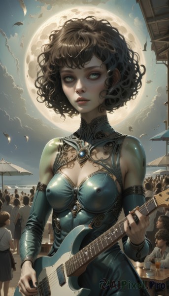 1girl,breasts,looking at viewer,short hair,bangs,blue eyes,multiple girls,brown hair,black hair,long sleeves,dress,holding,cleavage,bare shoulders,jewelry,medium breasts,green eyes,standing,cowboy shot,outdoors,parted lips,detached sleeves,multiple boys,sky,solo focus,day,shiny,artist name,cloud,signature,nail polish,covered nipples,dated,lips,fingernails,shiny skin,clothing cutout,eyelashes,bodysuit,makeup,night,leaf,umbrella,watermark,wavy hair,moon,cleavage cutout,table,cloudy sky,lipstick,gem,instrument,black nails,skin tight,web address,full moon,backlighting,6+boys,curly hair,green dress,shiny clothes,realistic,nose,music,guitar,red lips,eyeliner,watercraft,playing instrument,holding instrument,latex,electric guitar,ship,crowd,mascara,gorget,people,cup,see-through,blue dress,bird,wind,afro,plectrum