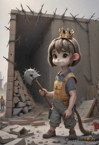 1girl,short hair,brown hair,shirt,1boy,holding,animal ears,brown eyes,closed mouth,standing,tail,full body,weapon,short sleeves,male focus,hairband,shoes,solo focus,collared shirt,black eyes,crown,blue shirt,child,furry,bucket,overalls,male child,ruins,hammer,shovel,rubble,solo,looking at viewer,blush,multiple boys,shorts,artist name,2boys,holding weapon,brown footwear,mouse ears,furry male,mouse tail,wrench,industrial pipe,holding hammer